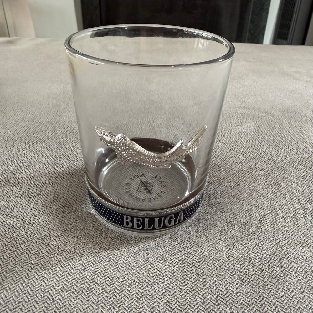 Beluga Vodka Rocks Glass Silver Sturgeon Emblem Blue Band Heavy Bottom Tumbler